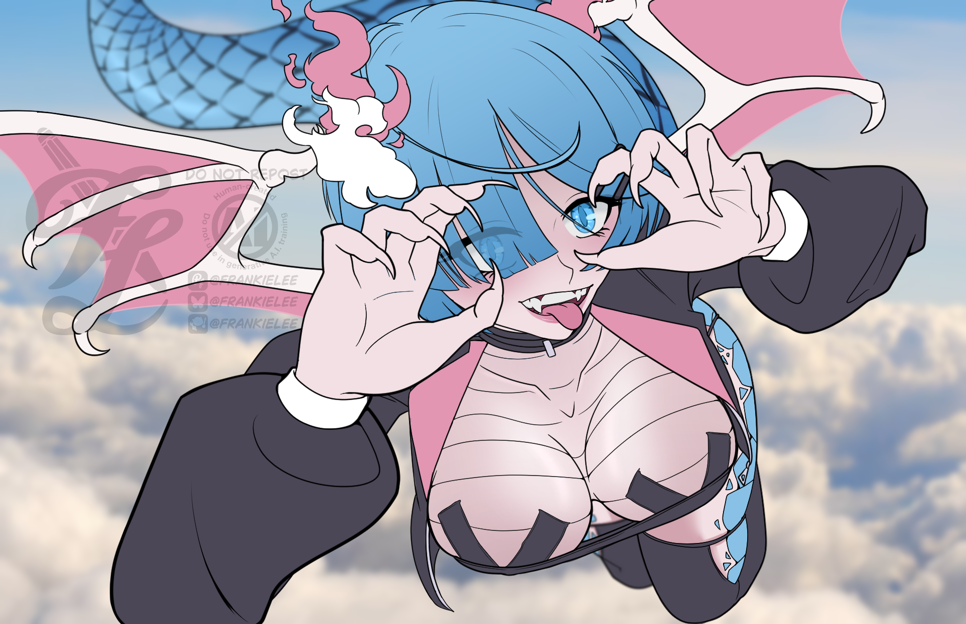 Digital art of Faux in her dragon form. She's flying through the clouds towards the audience cheekily poking her tongue out with a smile.