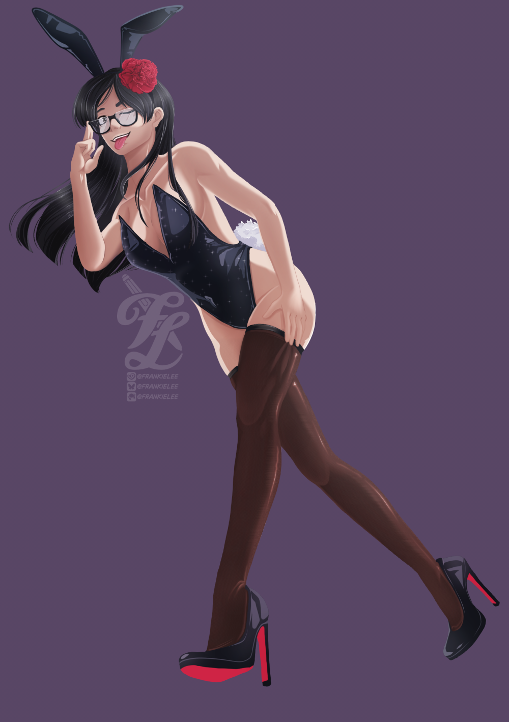 A digital illustration of Evangeline, a woman with pale skin, black hair, glasses, and a wry cheeky smile. She's posed leaning down, gripping her slipping thigh high stocking, the other hand poking her glasses as she winks. She wears a bunny suit, with galaxy speckles, and heels with red undersides, a matching red flower is in her hair.