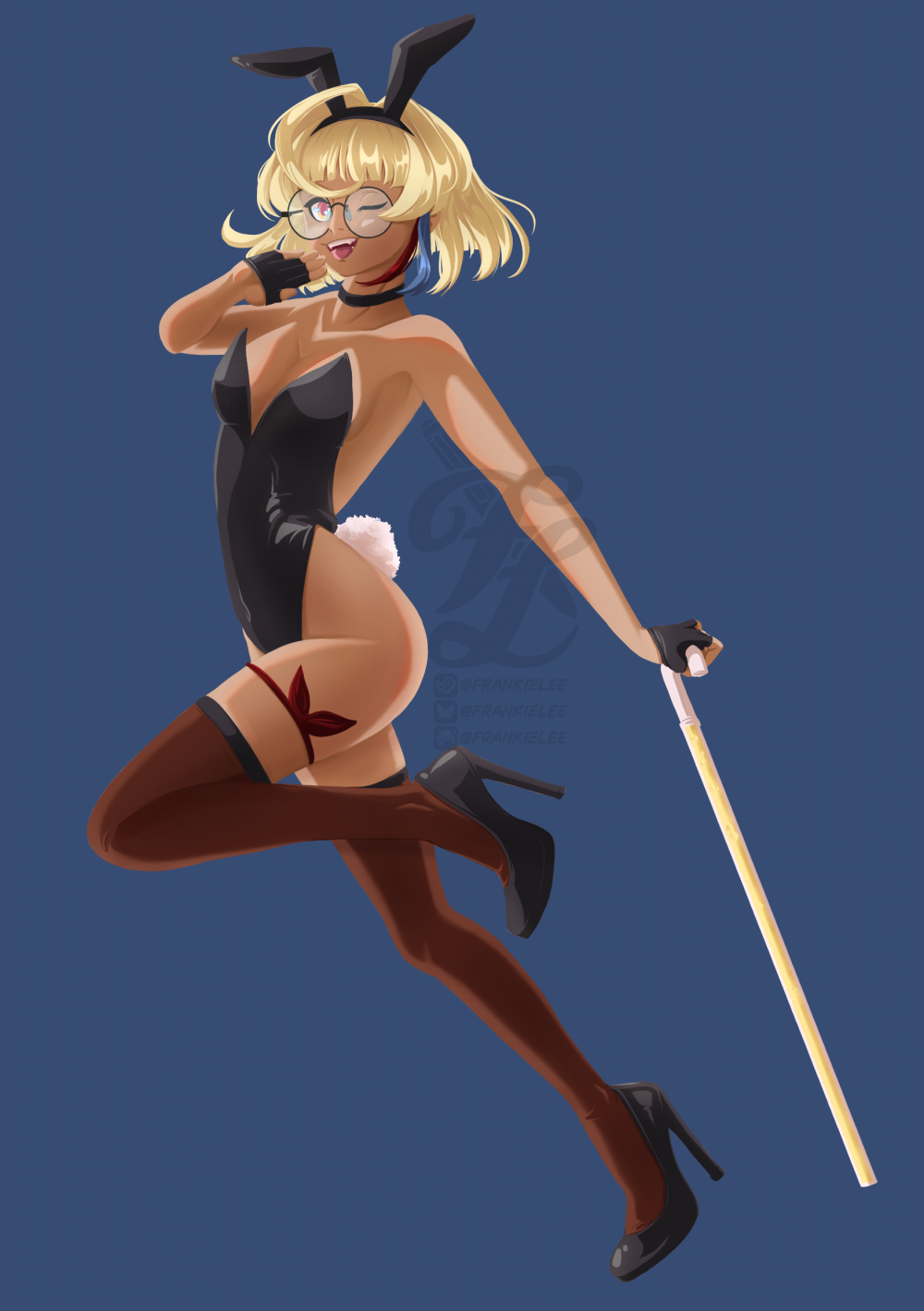 Digital art of Himeko Atelier, a vtuber. She has tan skin, short blonde hair, and sunset gradient eyes behind large round glasses. They're posed with a knee bent, with a hand by their mouth, the other holding out a cane with yellow liquid inside. They're wearing a bunny suit, thigh high tights, a ribbon tied around their thigh, and half gloves. They have a wide smile, and a playful wink.
