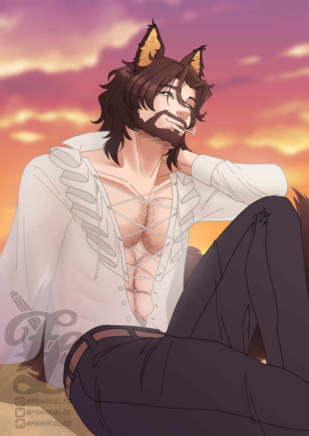 Digital art of BrowningVT. He is a coyote cowboy vtuber, typically he's dressed as a bounty hunter but here he has a shirt with frilled cravat style front tucked into pants with a belt. He looks like a romcom hearthrob seated on beach sand with the shirt loose down to his belly button showing off his chest and hair down to his pants. He has a light smirk as he smokes a cigarette.