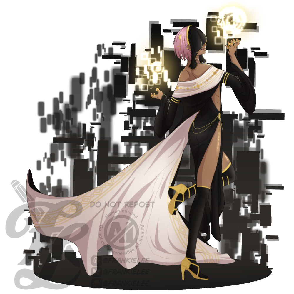 Splash art of Apostasia. She's a lithe woman with light brown skin, wearing religious garb and facing away from the audience. She has her hands out creating glowing squares and rectangles. She has short pink hair, wears a veil that covers her eyes, and her grab is black and white with gold accents.