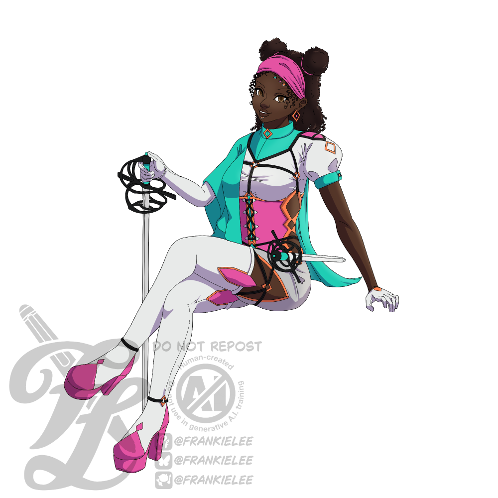 Splash Art of Fantastic Mr Fox. She's a black woman with curly textured hair. She's seated holding the hilt of a rapier in one hand, another rapier is stowed by her side. She's wearing a bandana, her hair in two mini puffs while the rest hangs loose. Her garb is fancy with a side cape and bright colours.