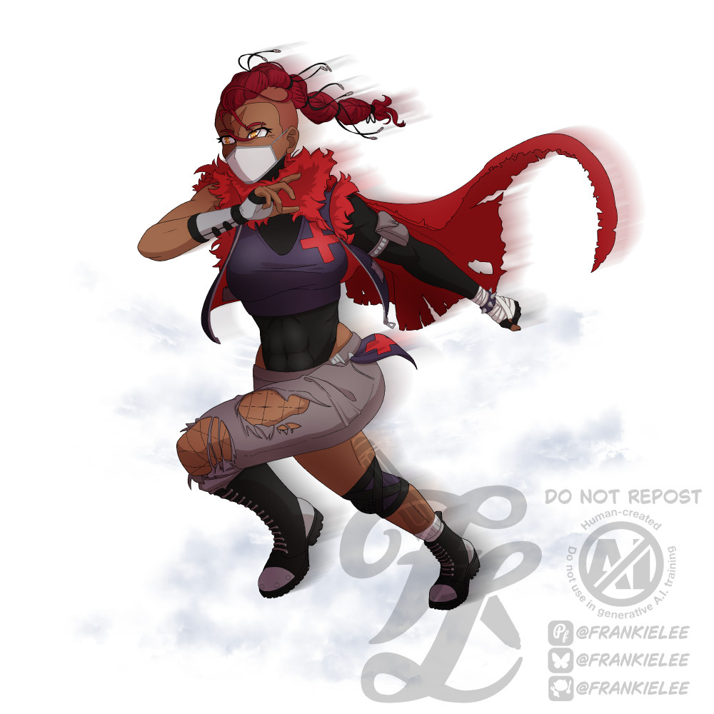 Splash art of Sugar. She's a battle medic rushing into the fray. She has brown skin, yellow eyes, a large scar across the right side of her face, and red undercut hair tied in a thick braid. Her outfit is scrappy and torn but she persists without hesitation.