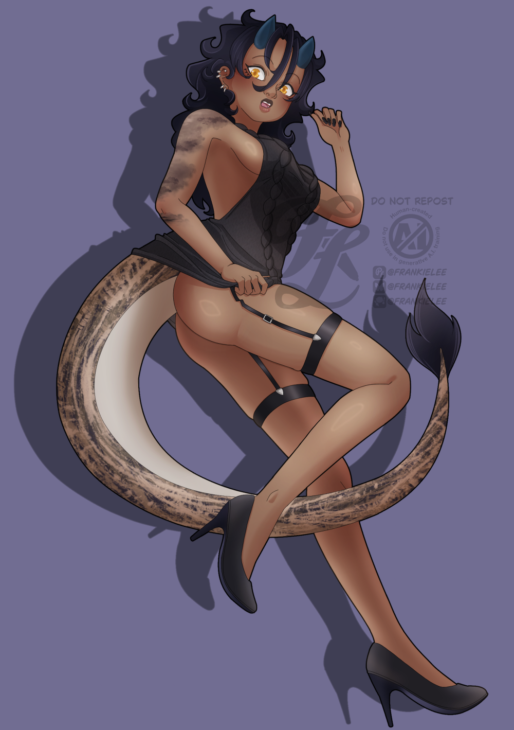 Digital art of ChaosLuv pinup. She's looking aside in surprise, her tail makes the virgin killer sweater she's wearing rise up exposing her ass and garter-belts.