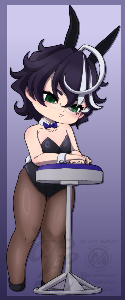 A chibi illustration of Frankie Lee. He leans against a barstool in a bunnysuit, tights, and bunny ears. They look amused at the audience as they peak through their fringe and glasses.