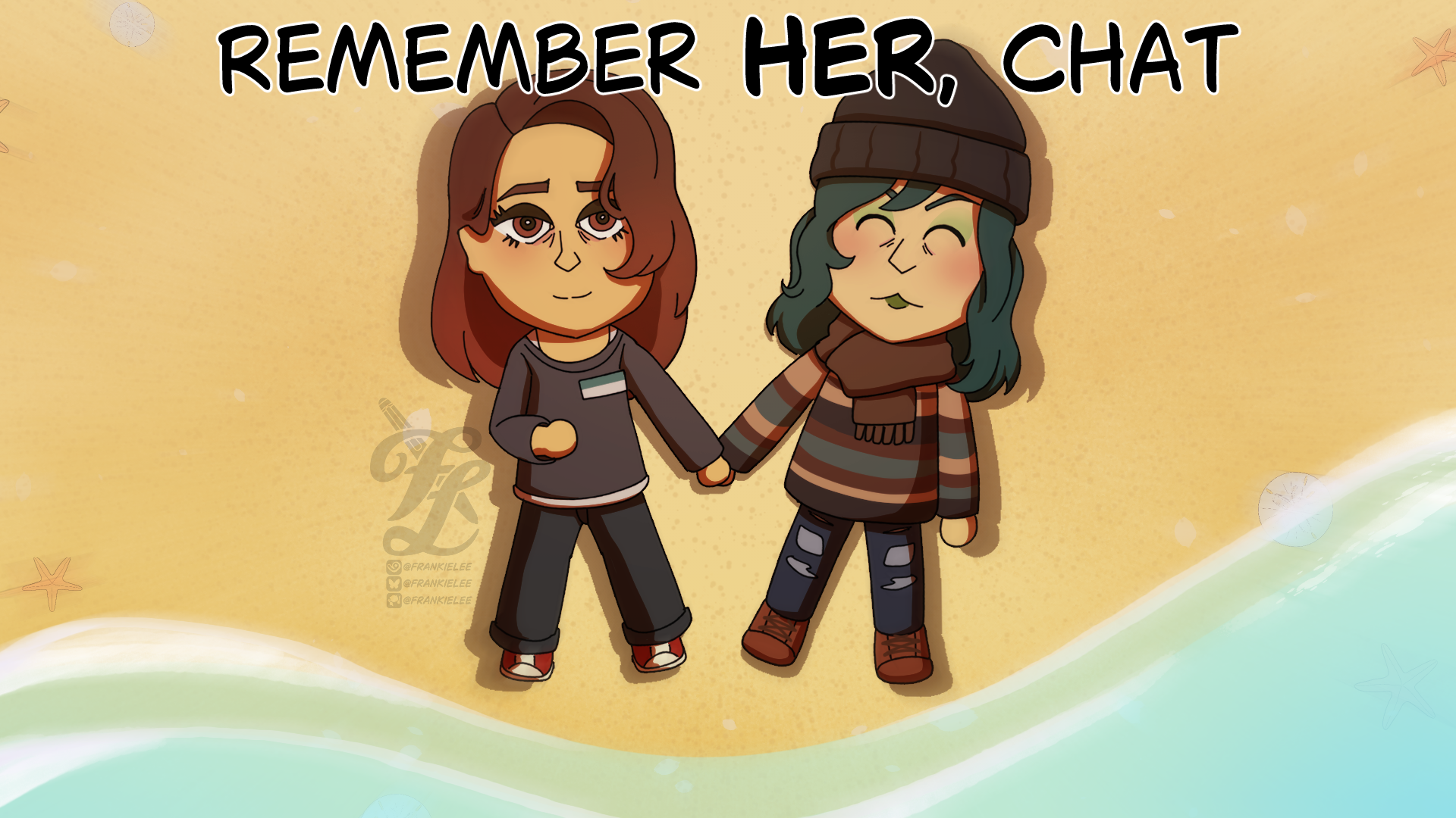 Digital art of ClownDepot's Tomodachi Life stream. Scout and Celia lay on the beach, holding hands. Scout's eyes are open. Text reads Remember Her, Chat