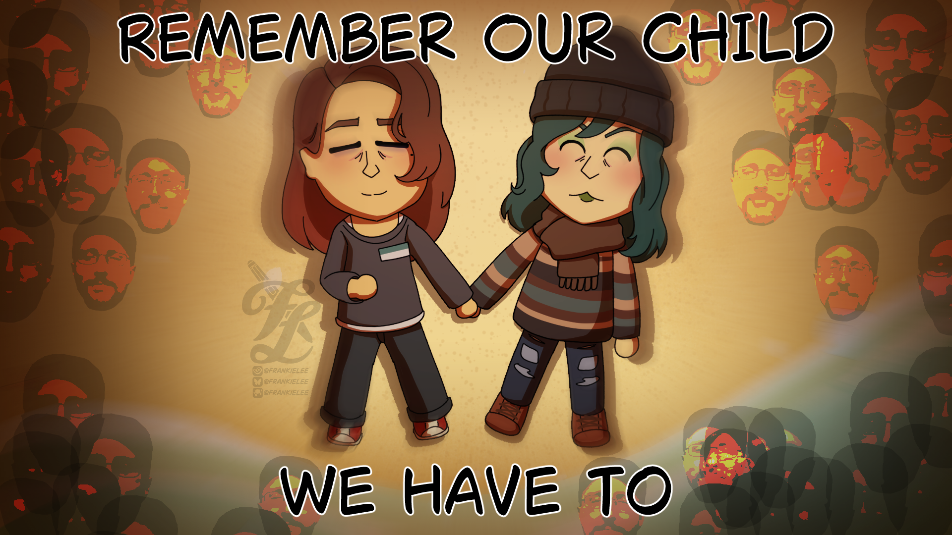 Continued digital art of ClownDepot's Tomodachi Life stream. Scout and Celia lay on the beach, holding hands. Scout's eyes are now closed. The edges of frame are dark and burnt images of Nostalgia Critic's face encroached upon the lovers. Text reads Remember our Child. We have to.