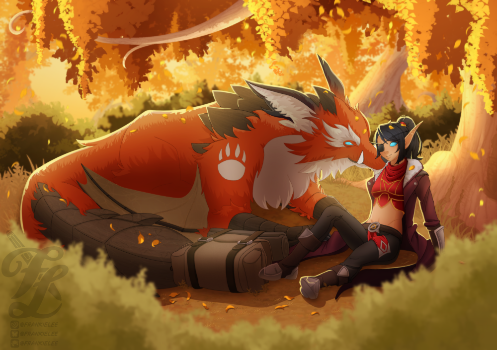 Digital art Vesh, a blood elf from World of Warcraft, with her Sylvern mount. They're seated together, shading under a tree in the Eversong forest.